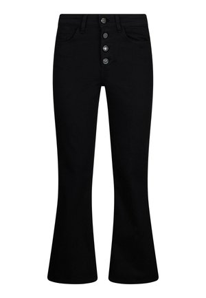 Pantalon noir évasé avec quatre boutons décoratifs sur la fermeture avant et deux poches latérales, présenté sur fond blanc.