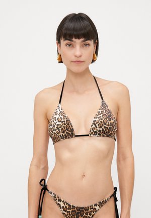 Leopard print bikini with triangular cups, black ties, and a low-rise bottom; soft texture with a smooth finish and adjustable ties.