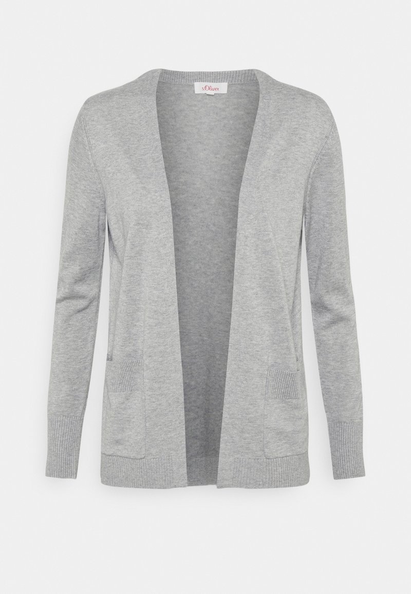 Cardigan gris clair à ouverture frontale, manches longues, deux poches avant, poignets et ourlet côtelés, adapté pour une tenue décontractée.