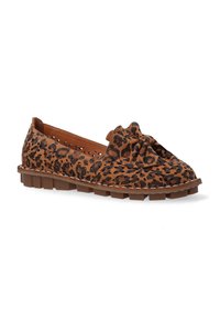 Ploché boty s leopardím vzorem v hnědé a černé tkanině s uzlovým detailem na špičce. Hnědá gumová podrážka s texturovaným gripem.
