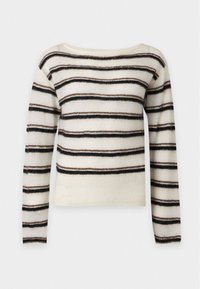 Pull blanc à manches longues avec des rayures horizontales noires et marron et un large col rond, présenté sur un fond uni.