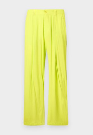 Letvægtsbukser med vide ben i lys neon gul. Har en enkelt knaplukning og frontfolder. Glat tekstur uden synlige mønstre.