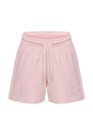 Jasnoróżowe bawełniane szorty z elastycznym pasem, białym sznurkiem do wiązania oraz małym haftowanym detalem po lewej dolnej stronie.