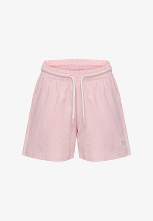 Lyserøde bomuldsshorts med elastisk talje, hvid snøring og lille broderet detalje på nederste venstre side.