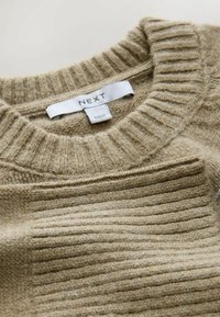 Pulover bej tricotat cu guler rotund cu nervuri și modele texturate pe piept. Eticheta arată marca "NEXT". Material moale, aspect cald.