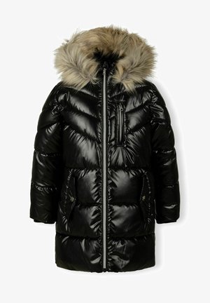 Giacca piumino nera con esterno lucido, cappuccio con rifinitura in pelliccia, tasche con zip e zip frontale. Motivo trapuntato distintivo su tutta la superficie.