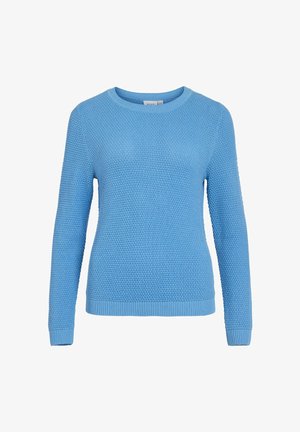 Mėlynas, tekstūruotas megztinis su apvalia iškirpte ir ilgomis rankovėmis. Susiūtas su ribuotu rankogaliu ir apačia, kad būtų prigludęs.