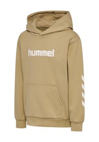 Beżowa bluza z kapturem z przednią kieszenią, regulowanym kapturem na sznurki i białym logo "hummel". Posiada białe paski w kształcie chevron na rękawach.
