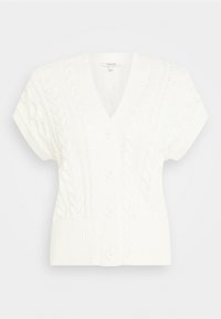Vit kabelstickad kofta med V-ringning och korta ärmar. Har fem knappar fram och ribbad fåll. Mjuk textur och lätt design.