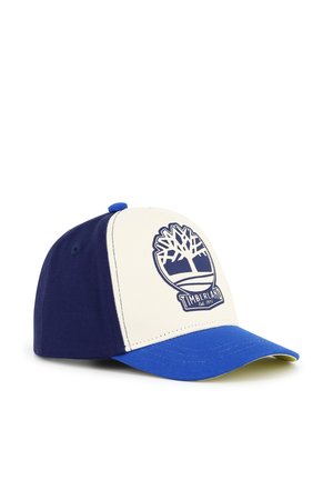 Cappellino da baseball blu e crema con visiera arrotondata, tessuto testurizzato e logo Timberland sulla parte frontale. Fascia regolabile in plastica sul retro.