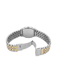 Stainless steel watch with a two-tone silver and gold bracelet, octagonal case, and a smooth, polished finish. Clasp closure visible.