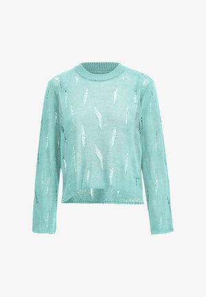 Hellgrüner gestrickter Pullover mit langen Ärmeln, rundem Halsausschnitt und offener Struktur, die kleine Ausschnitte in einem Blattmuster aufweist.