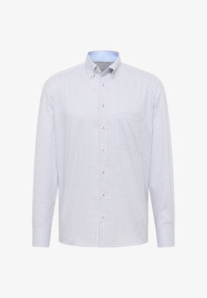 Herreknap-skjorte med lange ærmer og tern i blå, rød og grå, knappede krave og brystlomme foran.