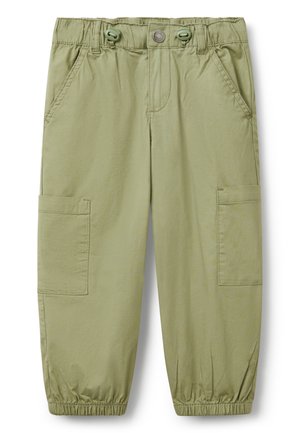 Pantaloni cargo verde chiaro con vita elastica, cordino regolabile e polsini elasticizzati; presenta due tasche laterali e una tasca cargo.