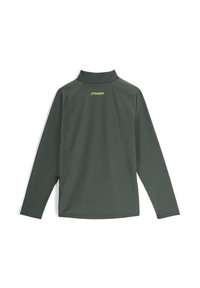 Chemise à manches longues vert foncé avec un col montant. Fabriquée en tissu texturé présentant un motif de rayures subtil. Logo de la marque en jaune au dos.
