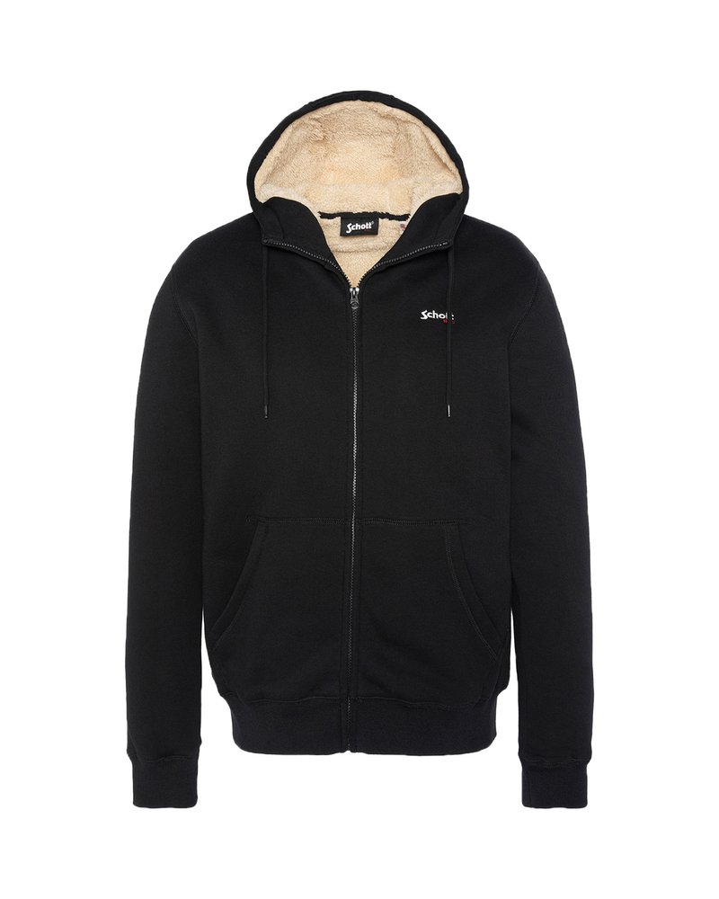 Felpa nera con zip e cappuccio foderato in beige, due tasche frontali, polsini elasticizzati e un piccolo logo sul petto. Materiale morbido in cotone misto.