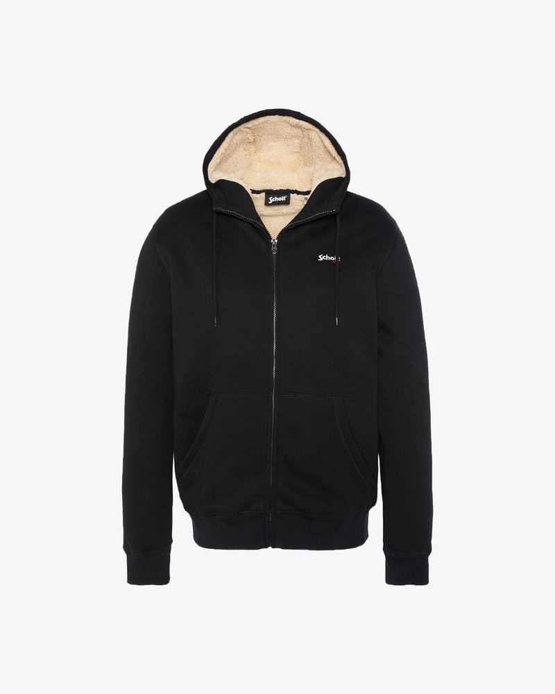 Felpa nera con zip e cappuccio foderato in beige, due tasche frontali, polsini elasticizzati e un piccolo logo sul petto. Materiale morbido in cotone misto.