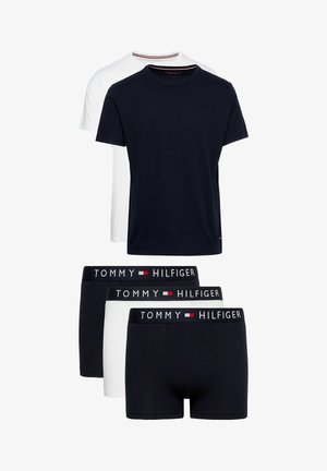 Set aus zwei Baumwoll-T-Shirts (marineblau und weiß) und vier Baumwoll-Boxershorts (zwei marineblaue, zwei weiße) mit elastischem, gebrandetem Taillenbund.