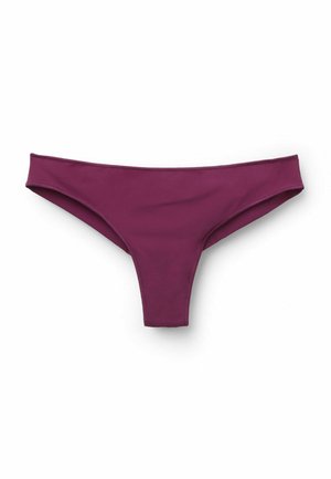 Bikini bottom in deep purple, made of smooth, stretchy fabric. Features a low-rise waist and minimal back coverage with clean edges.
