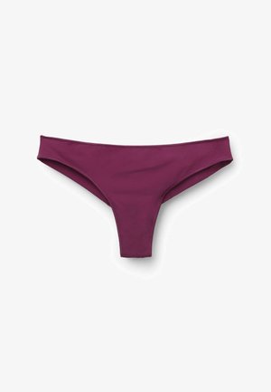 Bikini-Höschen in tiefem Lila, aus glattem, dehnbarem Stoff. Mit einer tief sitzenden Taille und minimalem Rückendeckung sowie sauberen Kanten.