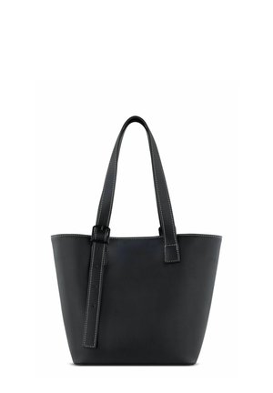Bolso tote de cuero negro con dos asas largas, que presenta costuras blancas en contraste y un diseño estructurado. Textura suave y apertura amplia.