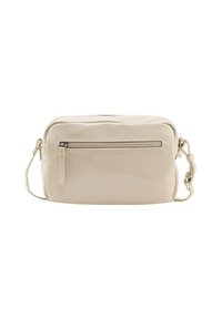 Borsa a tracolla beige realizzata in materiale lucido. Presenta una tasca frontale con zip e una tracolla regolabile. Forma rettangolare con texture liscia.