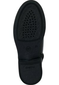 Sole in gomma nera con superficie testurizzata, incluso fori per traspirabilità e logo del marchio "GEOX" in rilievo.