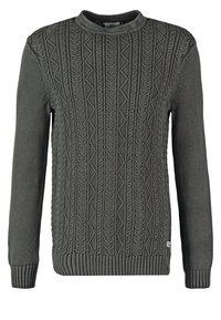 Pull en maille gris foncé avec motifs torsadés et en zigzag, poignets côtelés, ourlet et encolure ronde.