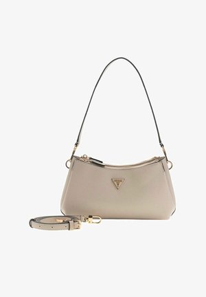 Beige leather handbag with a textured finish, gold hardware, and a triangular logo. Features a detachable shoulder strap and zip closure.