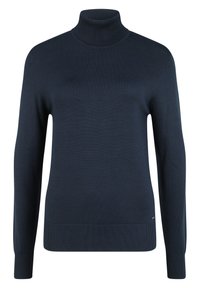 Maglione a collo alto blu navy realizzato in tessuto a maglia liscia, con maniche lunghe e polsini e orlo a coste per una silhouette aderente.