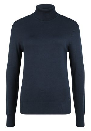 Tummansininen pooloneule, joka on valmistettu sileästä neuleesta. Sen pitkähihaiset hihat ja ribbireunat antavat sille istuvan muodon.