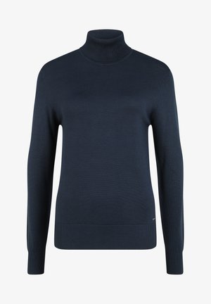 Jūras ļaudis zilas turtleneck džemperis, izgatavots no gluda adījuma, ar garām piedurknēm un ribotām aprocēm un apakšmalu, nodrošinot pieguļošu siluetu.