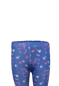 Leggings azules con un patrón repetido de un personaje de cerdo y flores en rosa, blanco y amarillo. Tela elástica y suave con cintura elástica.