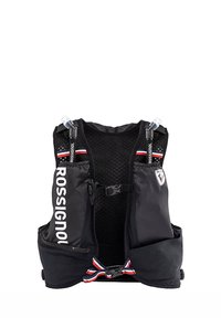 Gilet idratante nero con tessuto a rete, spallacci regolabili, tasche laterali e branding. Include tubi sulle spalle per un facile accesso.