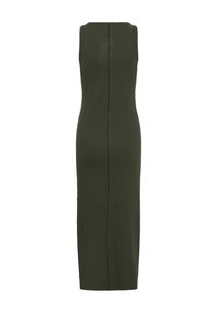 Robe midi sans manches, vert olive foncé, avec une silhouette droite et une couture centrale visible dans le dos, courant verticalement.