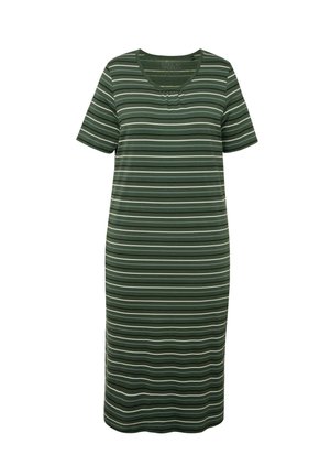 Korte mouw groen midi-jurk met witte en lichtgroene strepen. Heeft een ronde halslijn en subtiele plooien bij de borst.