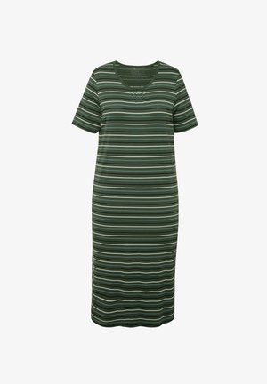 Short-sleeve green midi dress with white and light green stripes. Features a scoop neckline and subtle gathering at the chest.