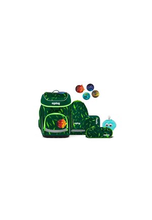 Green school backpack set with yellow lightning patterns, including bag, pencil case, drawstring bag, wallet, four decorative buttons, and a blue fluffy keychain.
