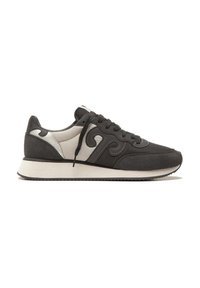 Sneakers da uomo realizzati in materiali sintetici neri e grigi, con una finitura in tessuto liscia, punta tonda e un design ondulato a contrasto ai lati.