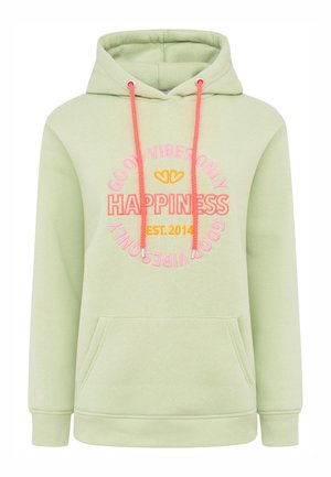 Hellgrüner Kapuzenpullover mit pinkem und orangefarbenem "HAPPINESS"-Text und dem Aufdruck "GOOD VIBES ONLY" in einem kreisförmigen Design. Verfügt über eine Fronttasche und Zugbänder.