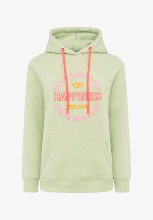 Hellgrüner Kapuzenpullover mit pinkem und orangefarbenem "HAPPINESS"-Text und dem Aufdruck "GOOD VIBES ONLY" in einem kreisförmigen Design. Verfügt über eine Fronttasche und Zugbänder.