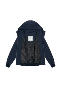 Veste à capuche bleu marine avec doublure intérieure à motif noir, fermeture éclair à l'avant, poignets côtelés et étiquette "ragwear" à l'intérieur du col.