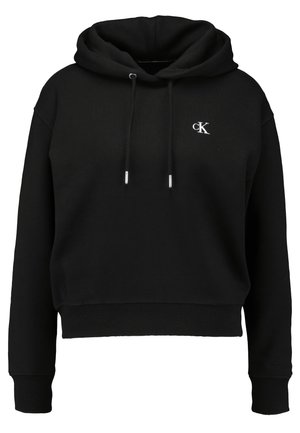Sweatshirt à capuche en coton noir au design cropped, avec un logo argenté et des cordons de serrage, des poignets et un ourlet côtelés. Texture lisse.