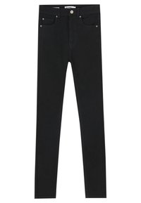 Jean en denim noir coupe slim, avec deux poches devant, une poche à monnaie, et une ceinture avec une fermeture à bouton métallique.