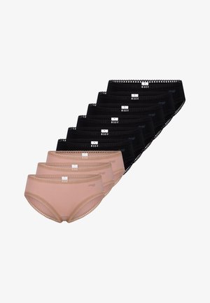 Lot de huit sous-vêtements : cinq noirs et trois roses. Fabriqués en matière douce avec une bordure en dentelle le long de la taille. Chaque paire présente un logo simple.