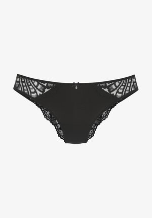Culottes de bikini noires pour femmes avec détails en dentelle de papillon sur les côtés et petit nœud avec breloque au centre de la ceinture avant.