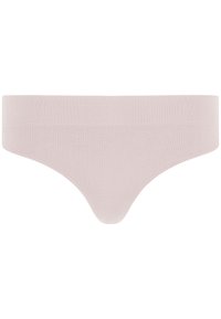 Ljusrosa tanga i mjukt, ribbat tyg. Har en bred, slät midjeband och en minimalistisk design utan synliga sömmar.