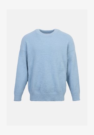 Világoskék, puha, bolyhos pulóver kerek nyakkivágással és hosszú ujjal. Bordázott mandzsettákkal és szegéllyel rendelkezik, laza illeszkedést biztosítva.