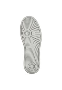 Suela de zapato de goma blanca con patrones de tracción circulares y lineales, dos hendiduras redondas y un pequeño logo en forma de flecha. Talla 37.