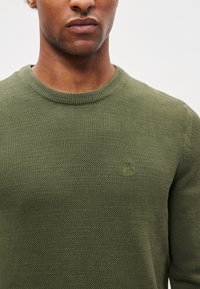 Alyvų žalumo megztinis su apvalia iškirpte, tekstūruota paviršiaus struktūra ir mažo dydžio logotipu krūtinės srityje, papuoštas ribotu apykakle.